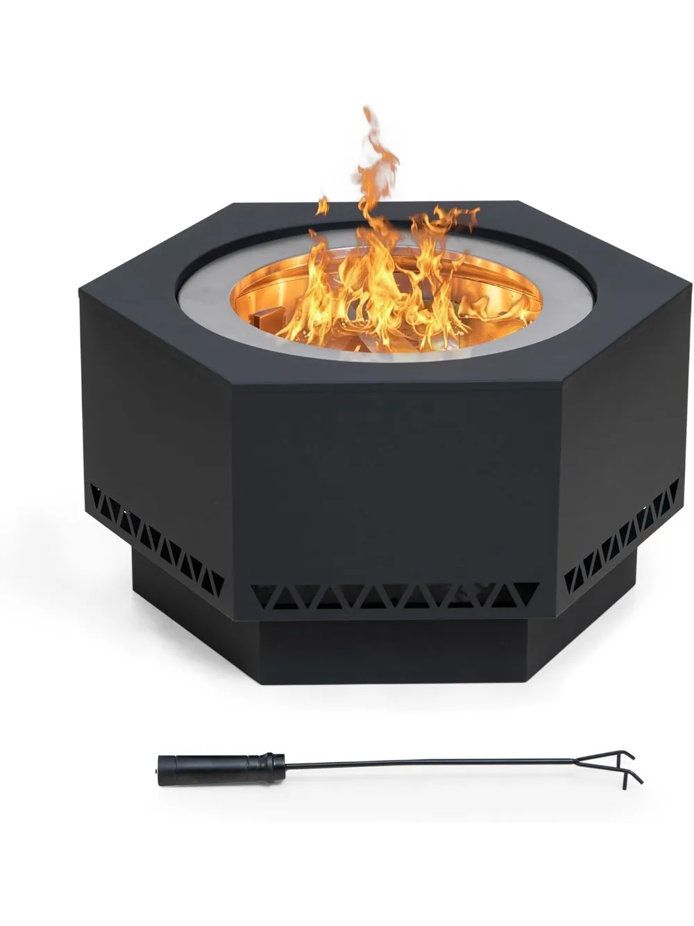 Fire Pit Smokeless 28 in. Hexagonal Outdoor Fire Pit - Ultimate Patio Wood Burning Experience with PVC Cover and Fire Poker