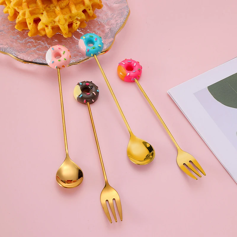 

2PCS Stainless Steel Creative Candy Donut Dessert Fork Milk Coffee Spoon Stirring Spoon Cartoon Creative Fork Cutlery Spoon Set