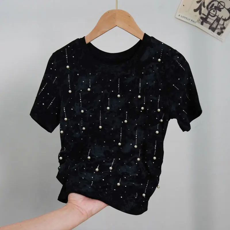 Women's clothing heavy industry bead design tie-dye 2025 new T-shirt front shoulder short sleeve summer slim and thin short top