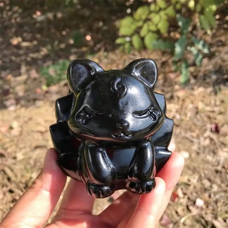 

Natural Black Obsidian Nine-tailed Fox Carving Polished Powerful Animal Statue For Home Decoration Gift 1pcs