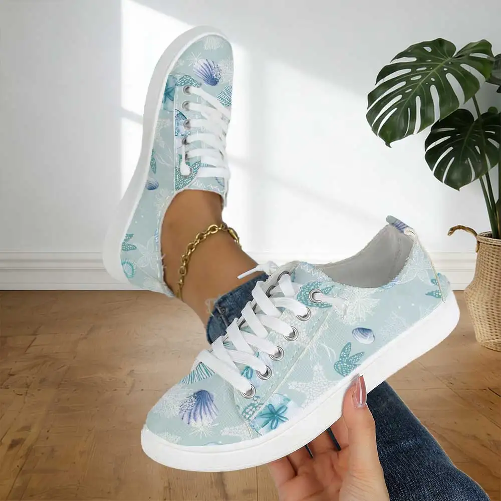 Fresh and Simple Ocean-Themed Starfish Print Canvas Shoes, Soft-Soled Breathable Slip-On Low-Cut Sneakers, Women's Flats