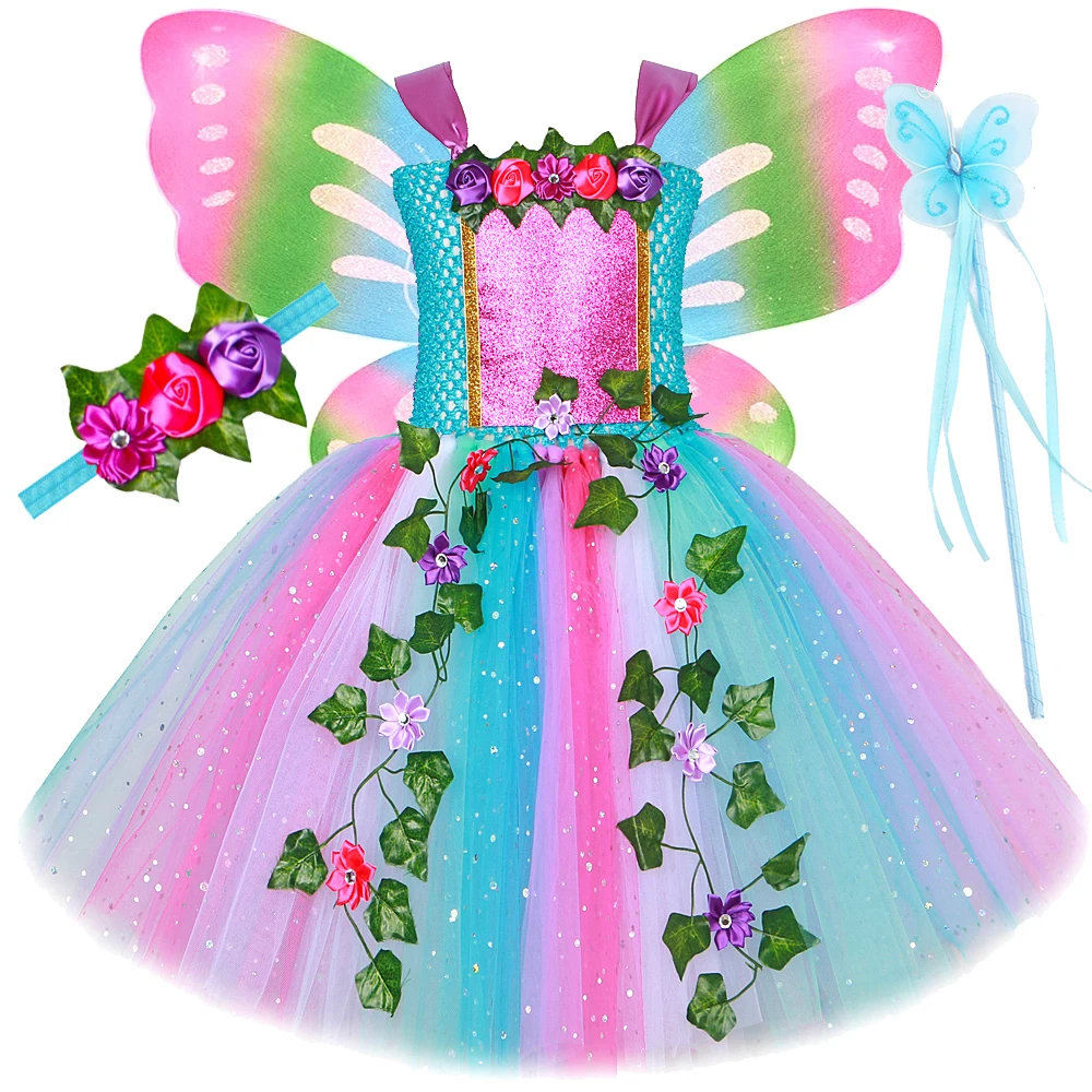 Sparkly Woodland Forest Fairy Costume for Girls Jungle Ivy Flower Fairies Princess Dresses with Wings Kids Halloween Tutu Outfit