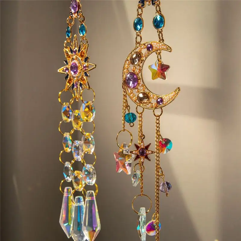B69C 2PCS Suncatcher Crystal Pendant Set Sun Moon Window Prisms Rainbow Vintage Wind Chimes Hanging Light Catcher Garden Decor S