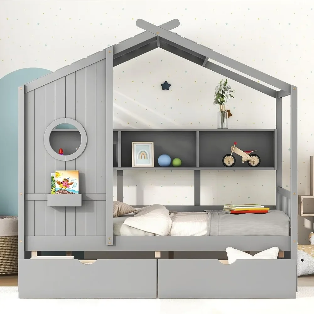 Cama de Casa de tamaño completo con cajones y estantes de almacenamiento, marco de cama de Casa Montessori de madera, tienda de juegos para niños, niñas y niños cama para, gris