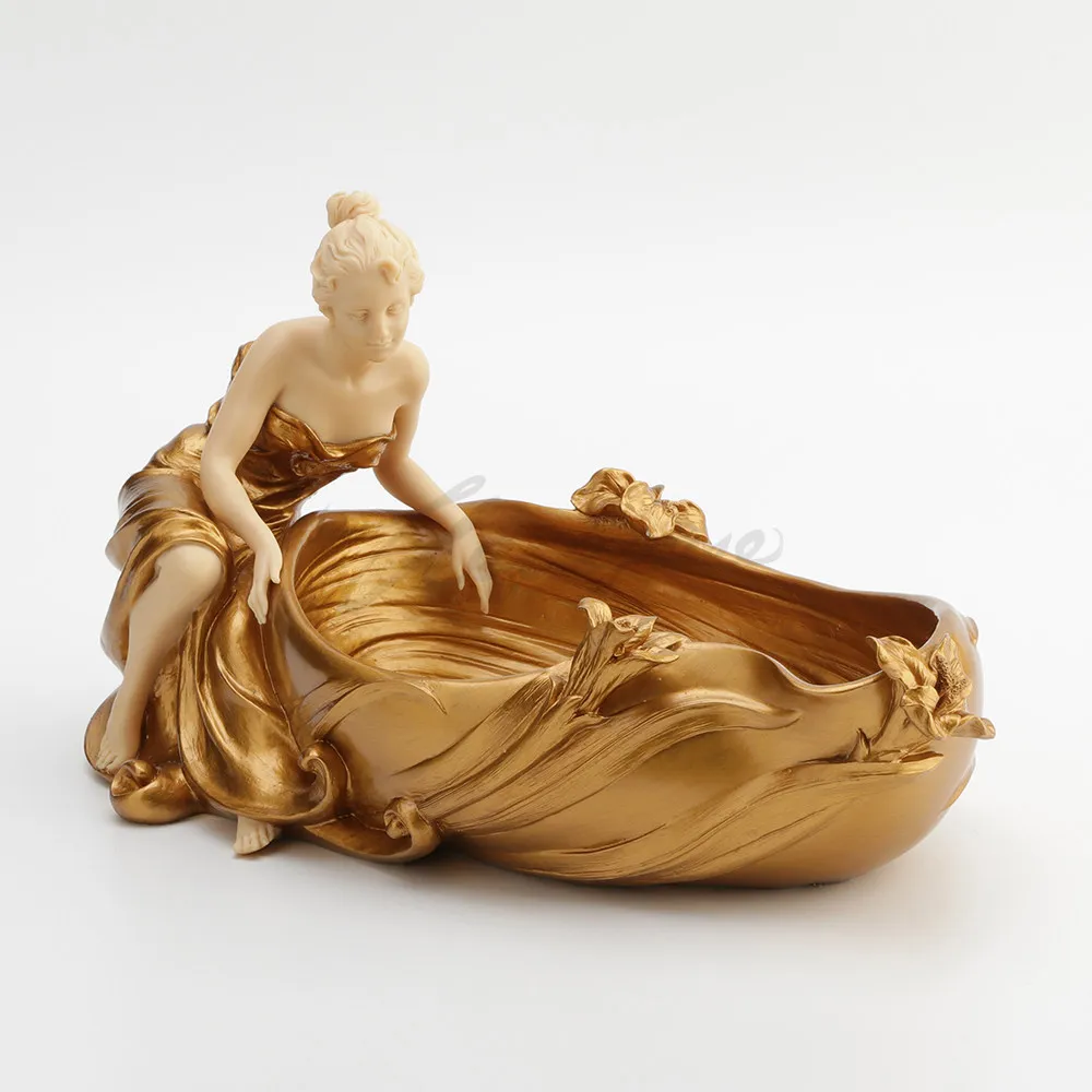 Vintage Gilded Reclining Lady Figurine Storage Bowl Wave Floral Resin Catchall Tray for Fruit Candy Jewelry Keys Home Room Decor