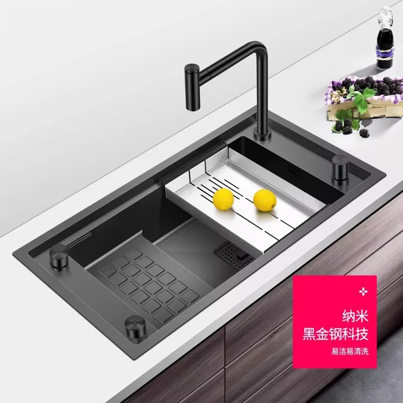 Black Nano 304 Stainless Steel Step Hand Sink Kitchen Dish Bin Dish Sink Large Single Trough