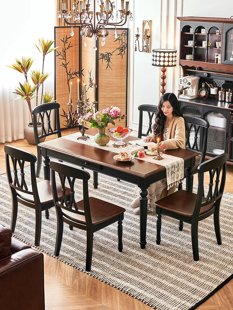 

French antique all solid wood dining table with drawers rectangular dining table household retro black walnut table