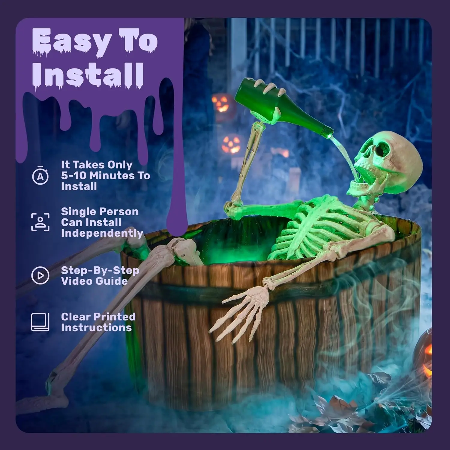 Halloween Outdoor Decoration, 5ft Life-Size Animatronic Drinking Skeleton Haunted Prop with Endless Liquid Pouring Effect, Green LED Lights and Spooky Sounds for Garden Yard Lawn 4