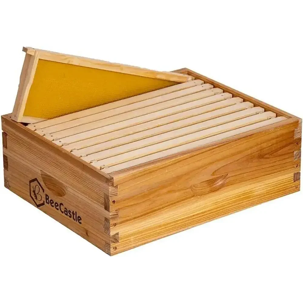 Medium Fir Wood Beehive Box with Dovetail Joints & Beeswax Coated Foundation Sheets Assembled Honey Super Bee Box 10 Frame