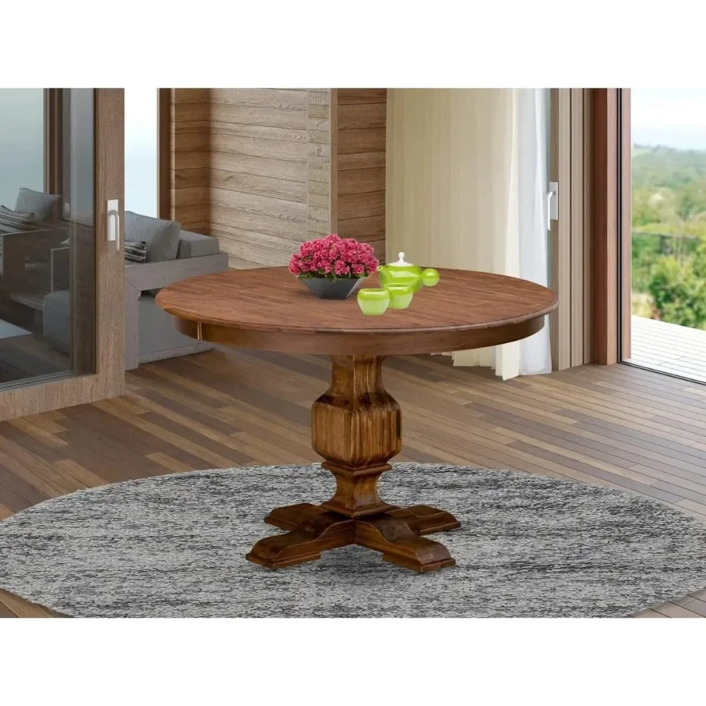 Kitchen Table FE3-0N-TP Ferris Modern  - a Round Dining Table Top with Pedestal Base, 48x48 Inch, Sandblasting Antique Walnut