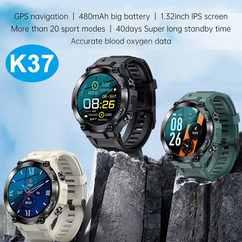 K37 GPS 480mAh Smart Watch Men 1.32 IPS Fitness Tracker Custom Dial Heart Rate  IP68 Waterproof Outdoor Sport Smartwatch