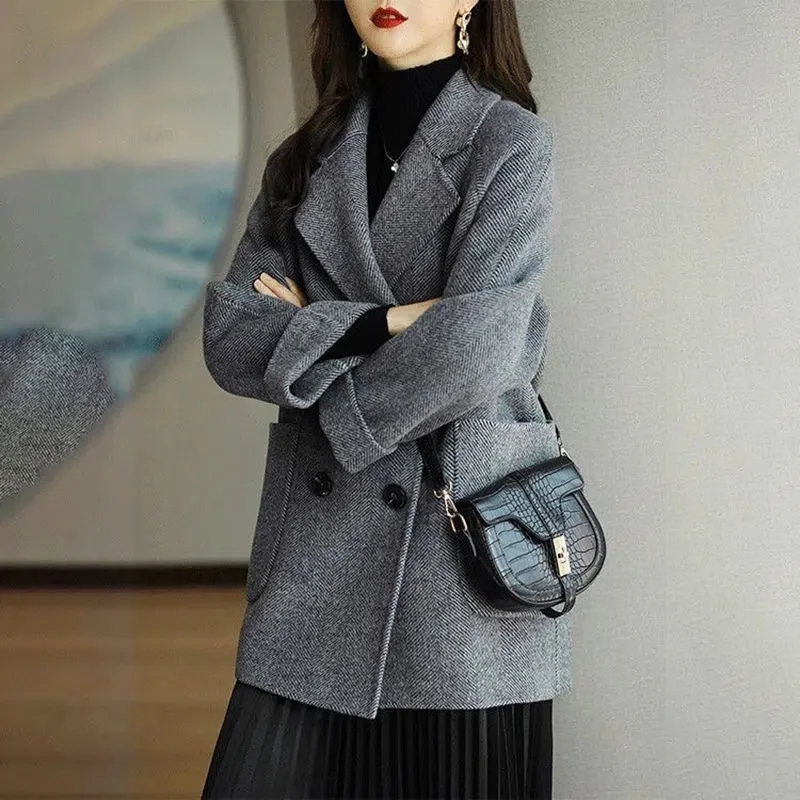 New Elegant Women Mid-length Woolen Coats Office Lady Autumn Winter Korean Loose Warm Thick Wool Blend Jackets Female Outerwear