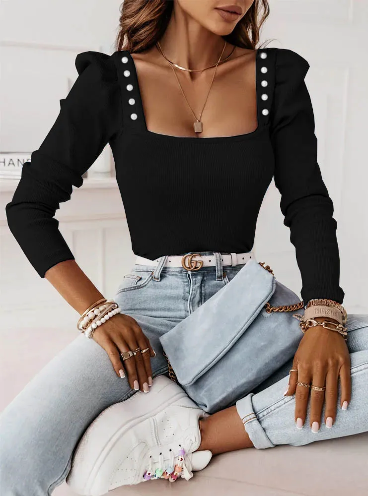 Sexy Ladies Slim Top Fashion Square Collar Order Beads maglietta a maniche lunghe camicetta autunno donna Streetwear elegante Blusas 2024