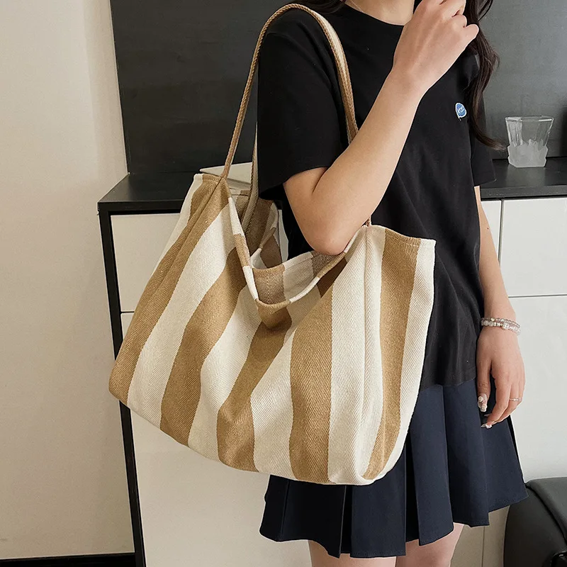 Sommerliche gestreifte Canvas-Tragetasche für Damen, lässig, große Kapazität, einfache Umhängetaschen, Einkaufshandtasche, tägliche Tragetasche – Detail 12