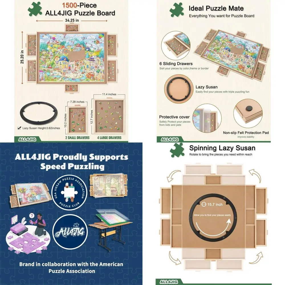 

1500 шт., вращающаяся деревянная доска-головоломка 25x34 с 6 ящиками и крышкой, портативный стол-головоломка для взрослых, идеальный подарок на день рождения