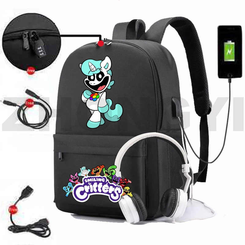 Canvas Smiling Critters Game Backpack Teenager College Notebook Urban Anti-theft Mochilas USB Charging School Back Pack for Boys