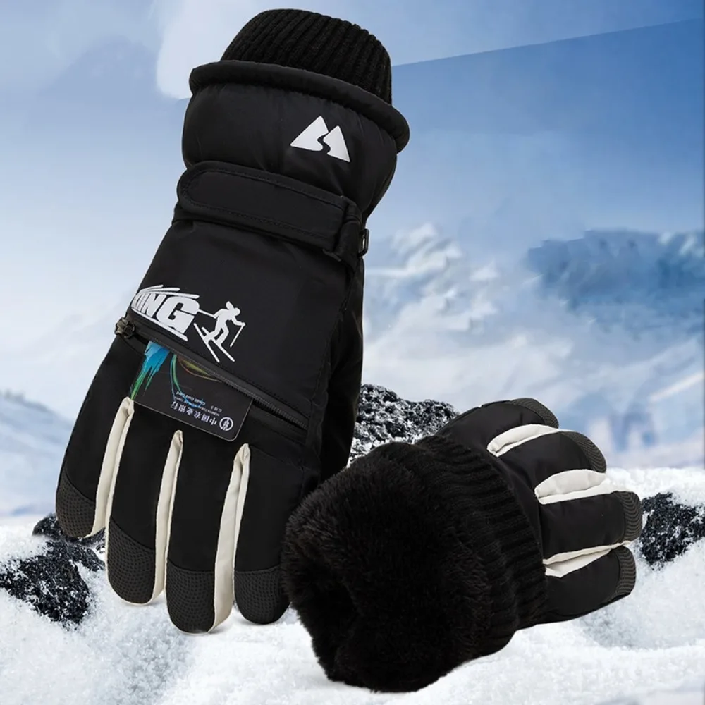 Touch Screen Full Finger Gloves Portable Plush Snow Warm Gloves Anti-lost Lanyard Waterproof Ski Warm Gloves Snowboard