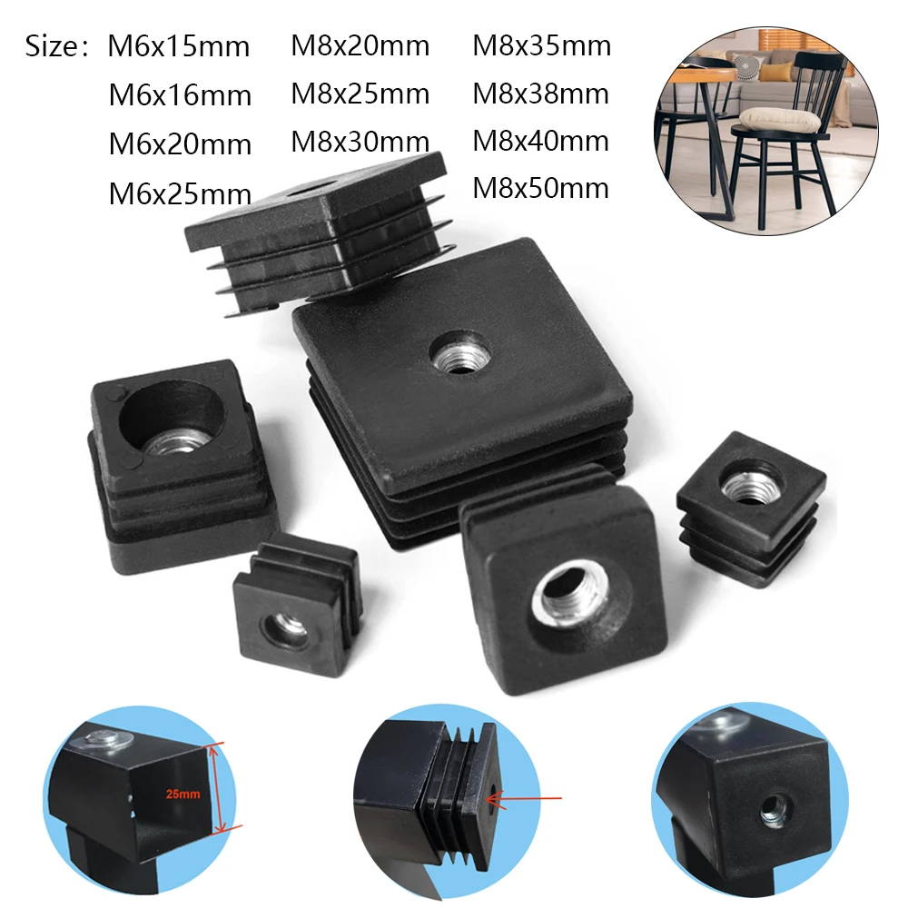 4pcs Furniture Leg Caps & Pipe Plugs , M6 M8 Plastic Square Plugs with Nut Hole for Leveling & Tube Sealing, Easy Install