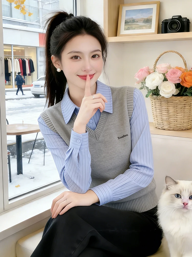 

Faionable Knitted Sweater Women's Pre-Aged Small Ensemble Spring 2026 Medium Gauge Knit Loose Fit Long Sve Ne