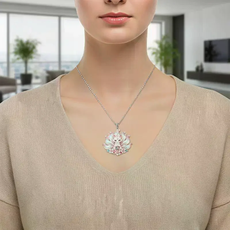 1Pcs Nine Tails Fox Cherry Blossom Pendant Necklace New Chinese Style Sweet Clavicle Chain Jewelry Gift For Women