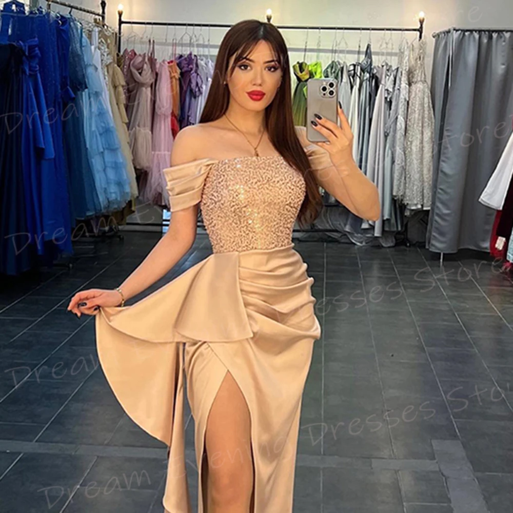 Modern Classic Mermaid Fascinating Women's Evening Dresses Pretty Off The Shoulder Sequined Prom Gowns Side Split Abiye Elbise