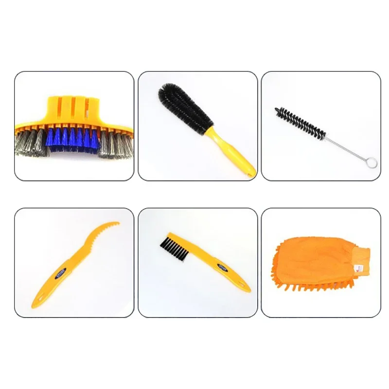 6Pcs Portable Bicycle Chain Cleaner Kit Tire Brush Gloves Freewheel Hook MTB Road Bike Cleaning Tool Kit