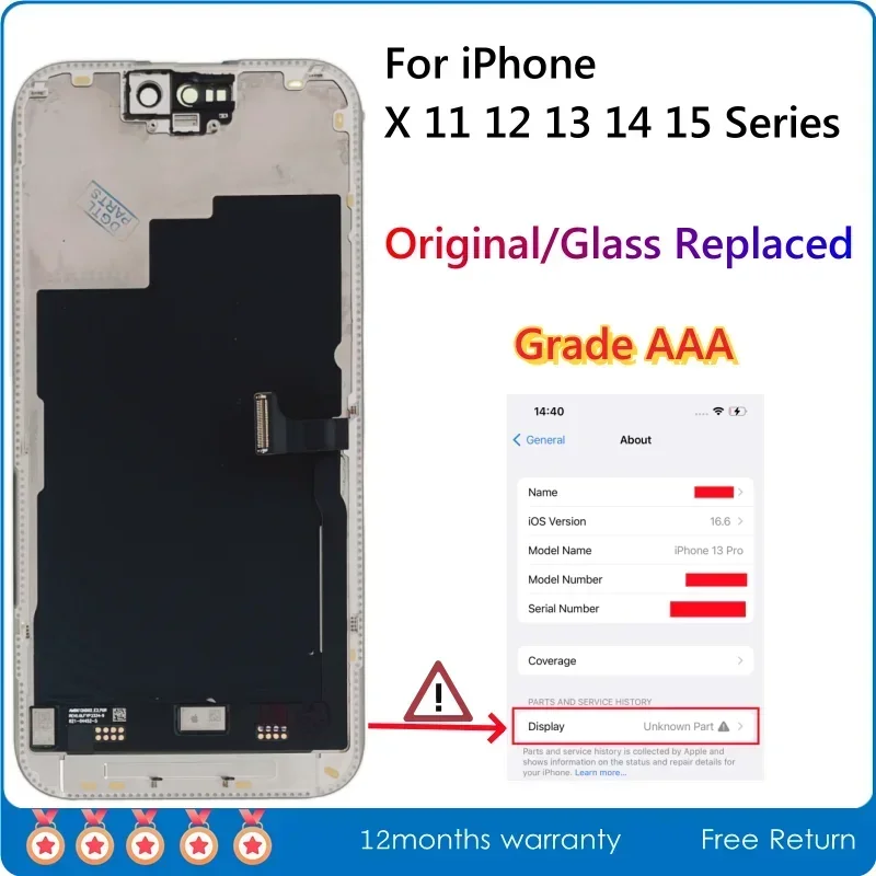 Montagem de ecrã LCD para iPhone, A +++, 100% recondicionado, ecrã oficial para iPhone 15 Plus, 15 Pro Max, vidro exterior apenas para substituição