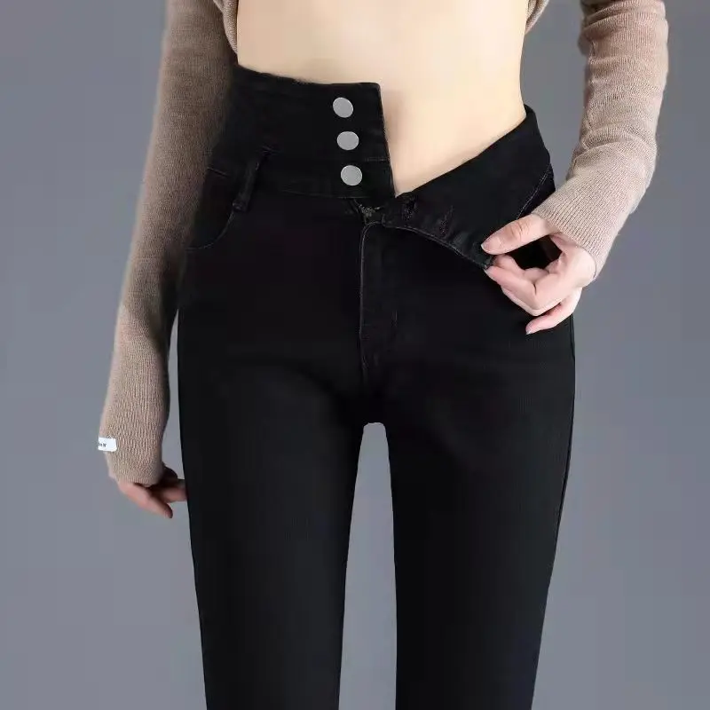 Calça jeans de cintura alta de cintura alta feminina, moda coreana, outono, inverno, monocromática, streetwear, vintage, casual, reto, fino, jeans preto