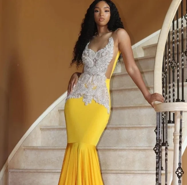 Shiny lemon yellow Prom Dress For Black Girls 2024 Luxurious diamond beaded mermaid dress Celebrity robes de soirée