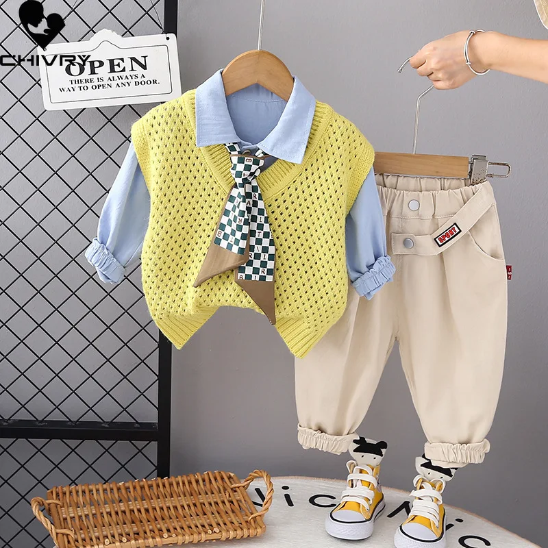 New 2023 Kids Spring Autumn Solid V-neck Knit Vest Lapel Shirt with Casual Pants Baby Boys Fashion Three-piece Clothing Sets