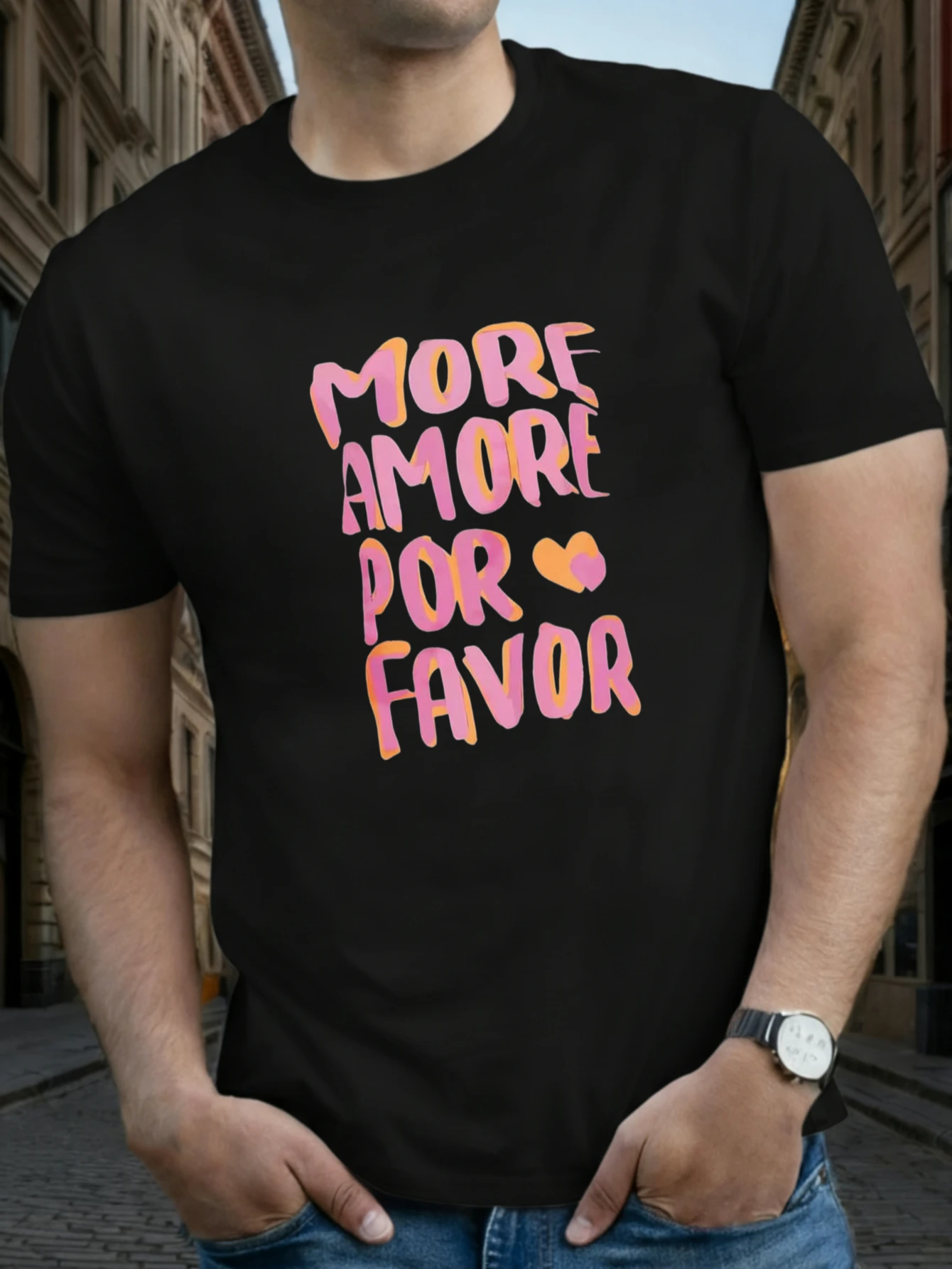 1PC JOOCAR More Amore Por Favor avec symbole cœur, t-shirt décontracté en coton pour toutes les saisons, col rond, manches courtes douces, extensibles et respirantes, haut streetwear à imprimé lettres tendance, choix de cadeau idéal pour les fêtes