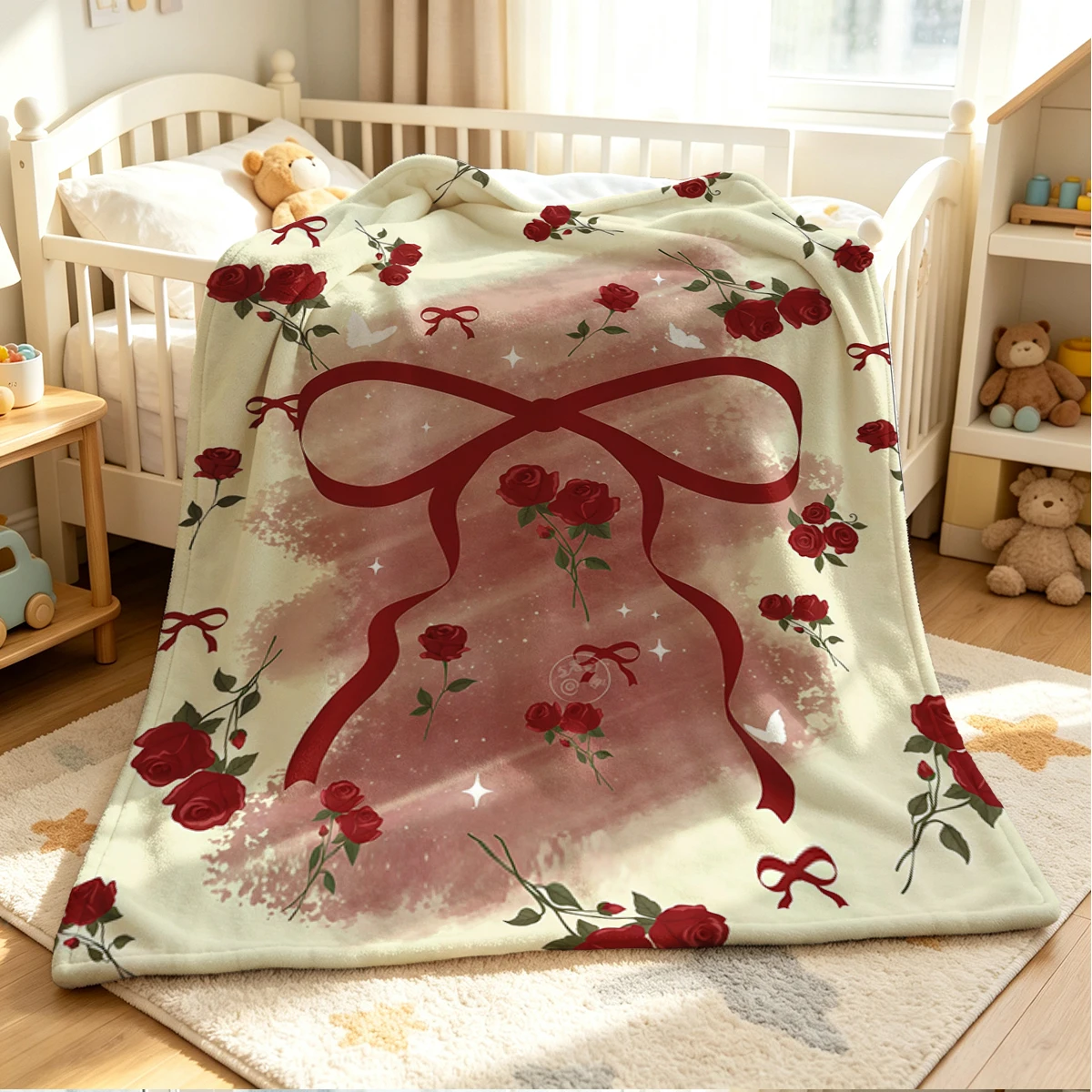 Rose Ribbon Flannel Blanket Warm Soft Halloween Christmas Couch Warm Cozy Decorative Decor Gift for All Season