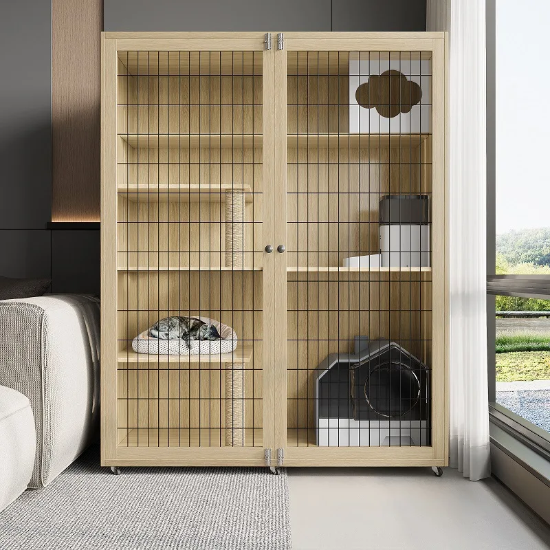 

Double-Layer Wooden Cat House for Indoor Use,Cat Tree with Enclosed Caves,Large Space Cat Fort,Real Wood Cat Cage&Climbing Frame