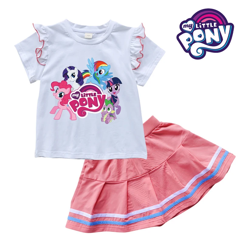 Anime My Little Pony Girl Princess Dress Two-Piece Set Summer Sweet Cute Little Flying Sleeve Short-Sleeved T-Shirt Kids Clothes