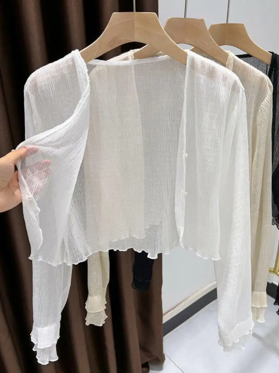 

Легкий шифоновый открытый кардиган для женщин, пляжная накидка для защиты от солнца, с коротким рукавом, V-образным вырезом, однотонный, свободного кроя, топ