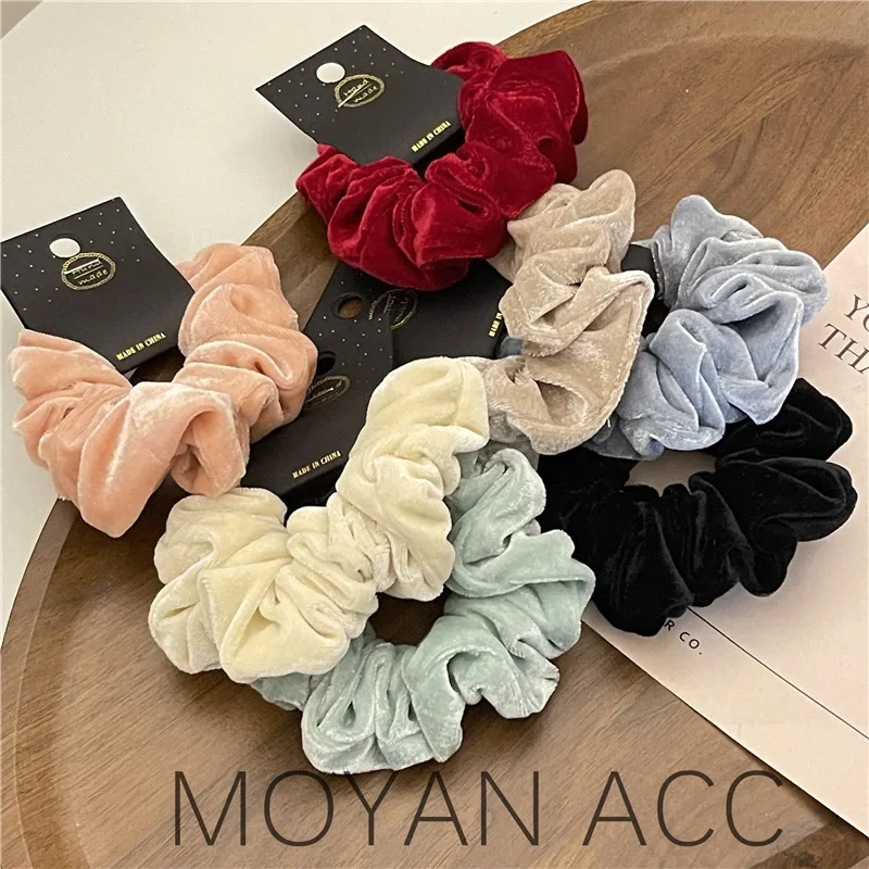 Korean velvet pig colon scrunchie Black leather band wine red velvet hair accessories Cream autumn and winter ruffled headdress