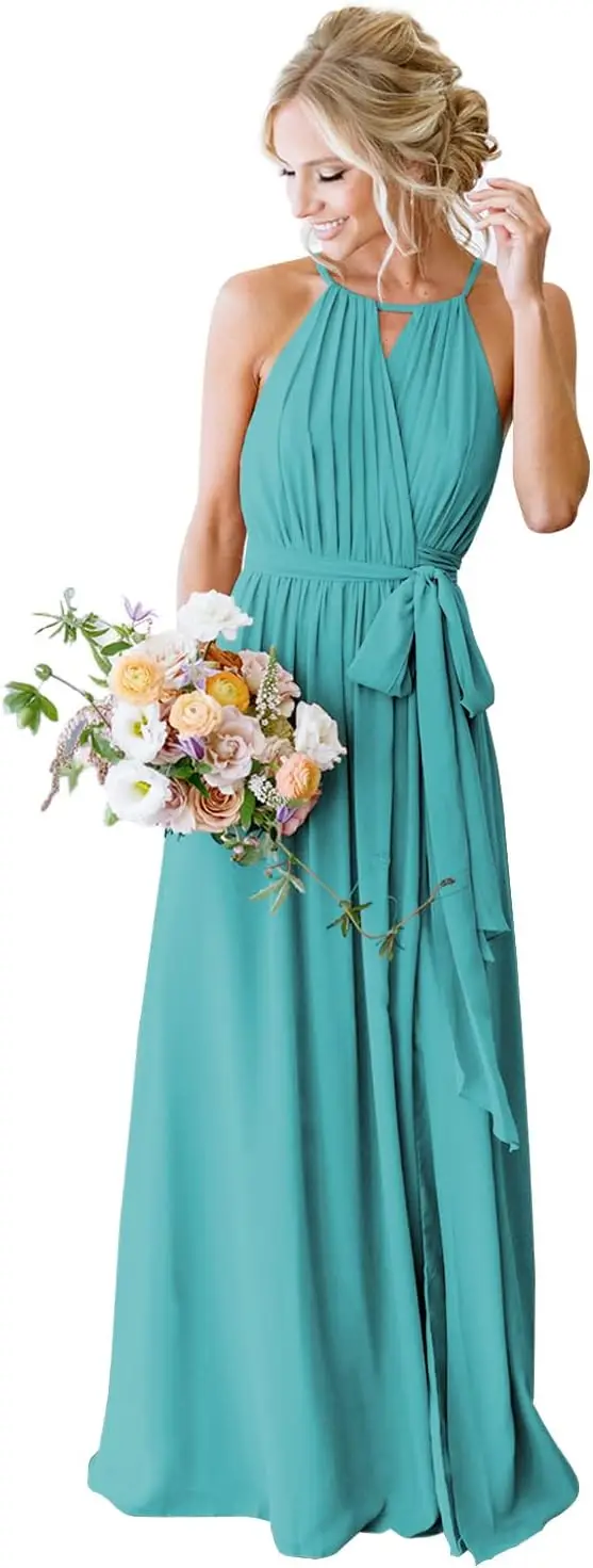

Women's Halter Pleated Chiffon Long Bridesmaid Dress with Pockets Formal Evening Party Gown Elegant Dress Women for Wedding