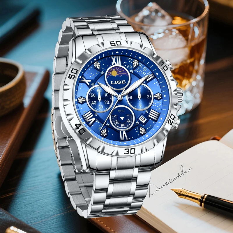 LIGE Luxus Mode Quarz Herrenuhr Casual Top-Marke Sport Edelstahl Leuchtend Wasserdicht Chronograph Mondphase Uhren für Männer