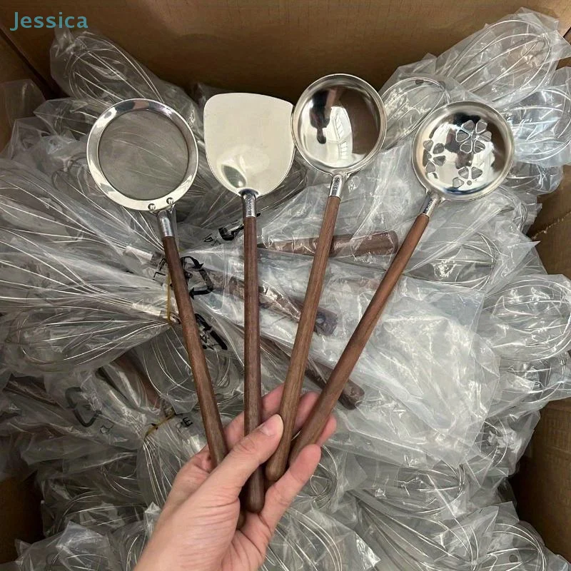 ♥Wooden Handle Soup Spoon Stainless Steel Mini Strainer Spoon Spatula Hot Pot Ladle Tableware Colander Cooking Tools
