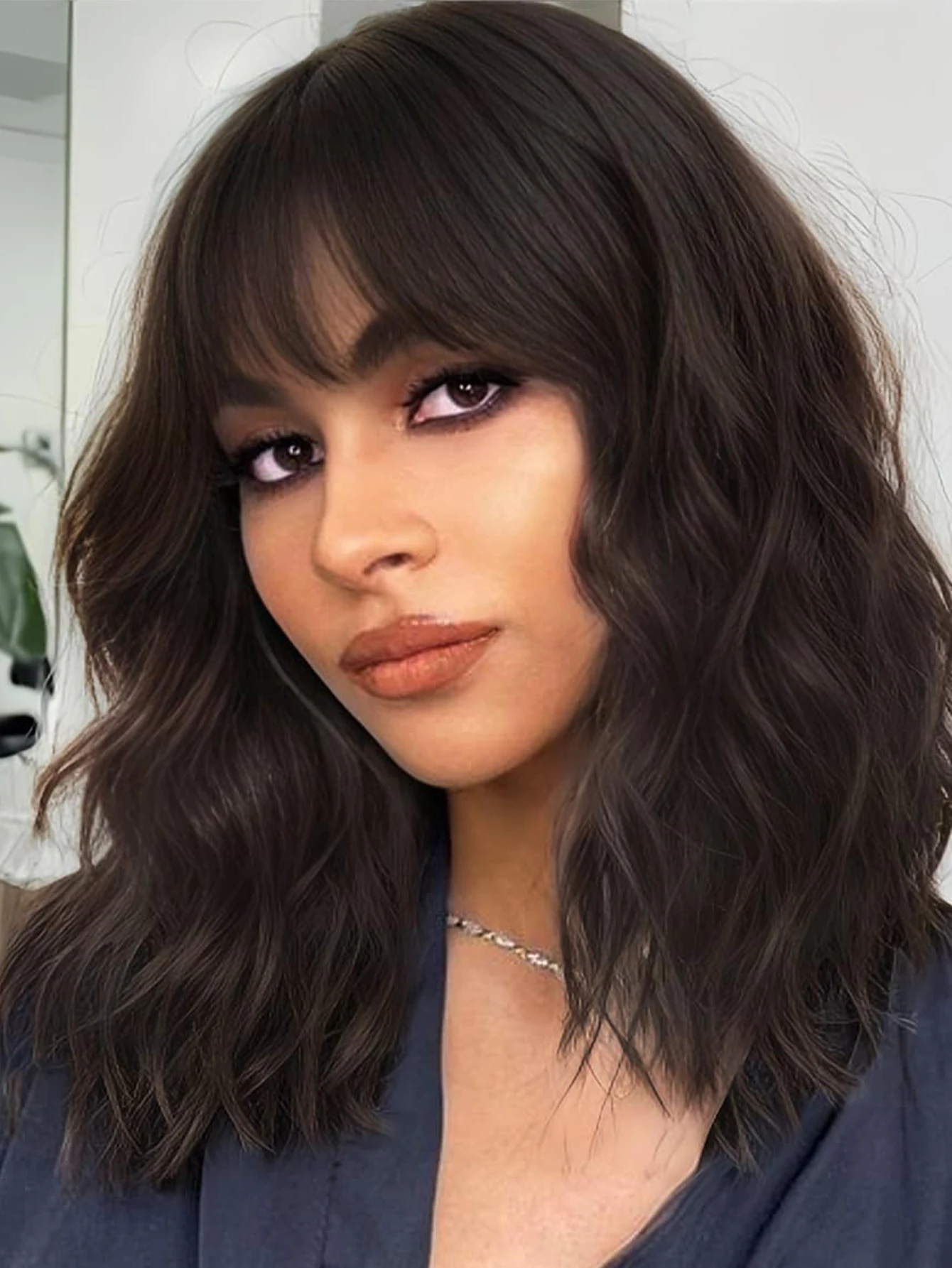 Natural Brown Synthetic Curly Wavy Bob Wig with Bangs for Women