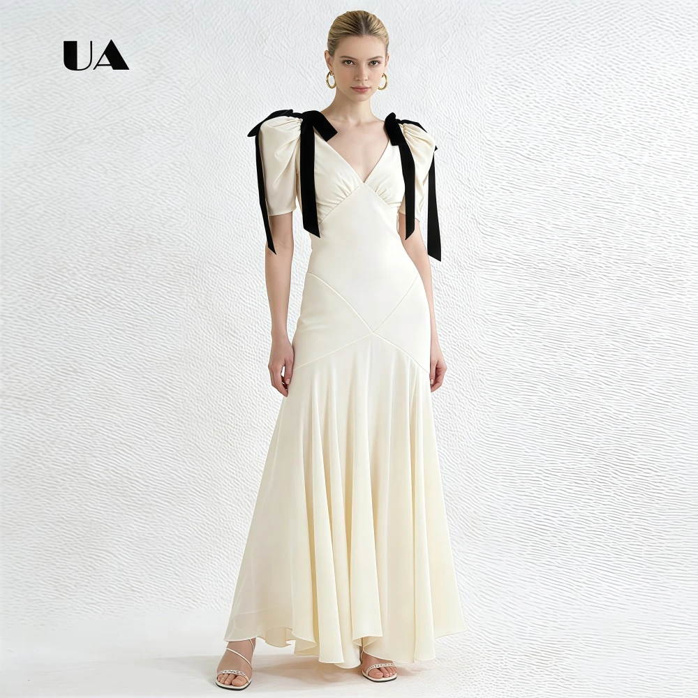 

ULBYANRY Draped Chiffon Prom Dress with Puff Sleeves, Solid V-neck Evening Dress with Velvet Bows, Elegant Customized Party Gown