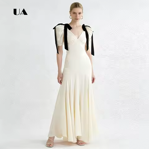 ULBYANRY Draped Chiffon Prom Dress with Puff Sleeves, Solid V-neck Evening Dress with Velvet Bows, Elegant Customized Party Gown