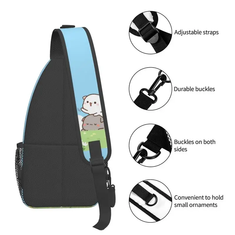 Mochila Crossbody Peach e Goma Sling para homens, bolsa de ombro personalizada Mochi Cat dos desenhos animados, mochila para ciclismo