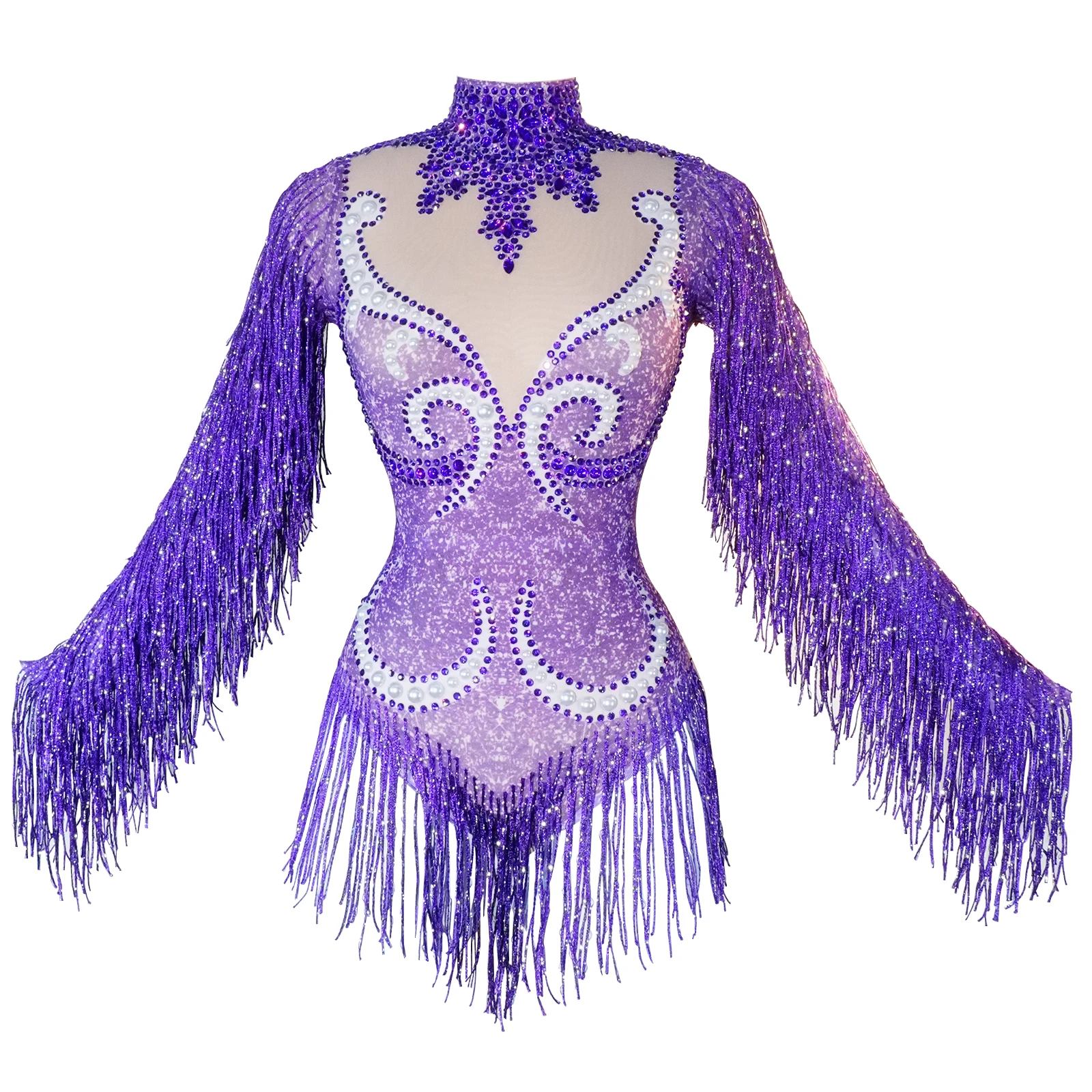 Custom Sexy fringe rhinestones bodysuit women team dance performance tights Club bar stage show leotard Mesh perspective costume