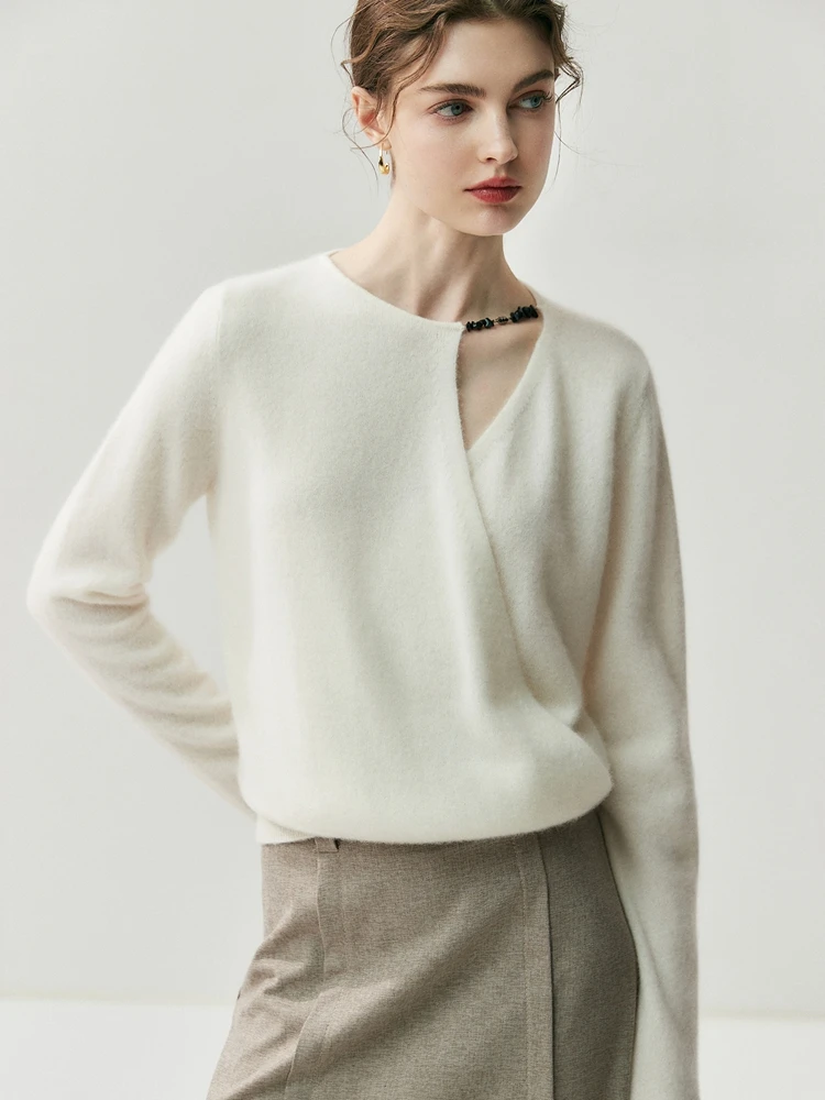 CHICUU 女性 100% カシミヤセーター O ネックカットアウトクロスカラープルオーバー秋冬グレーススタイルカシミヤニットウェア服