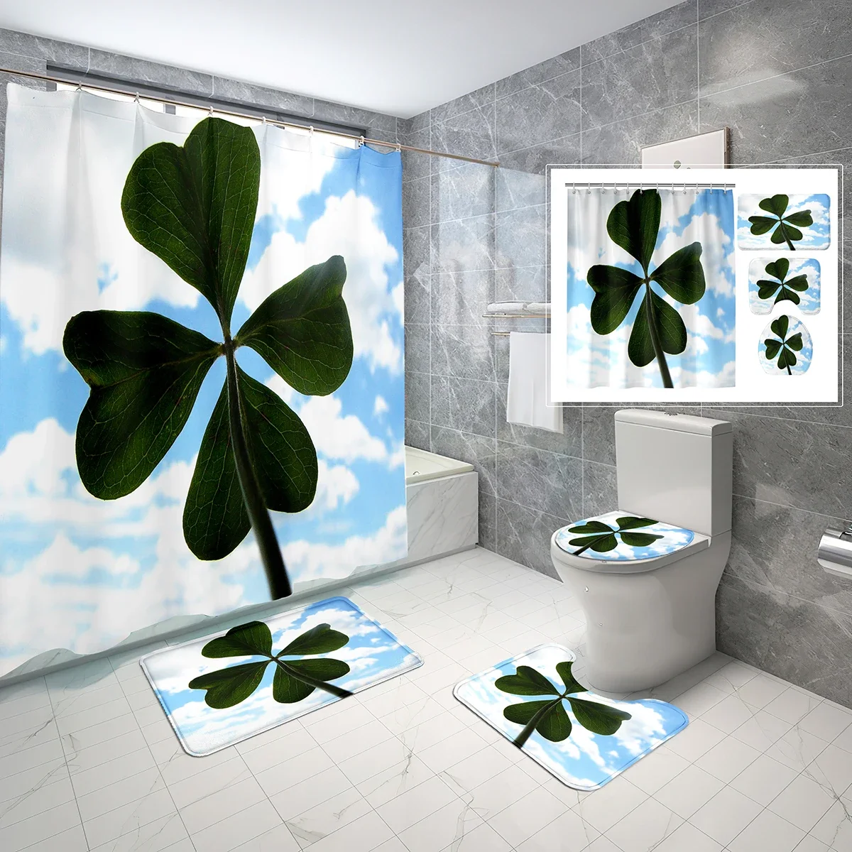 4Pcs Four Leaf Clover Pattern Shower Curtain Set Lucky Clover Shower Curtain Bathroom Non-Slip Bath Mat Toilet Lid Cover