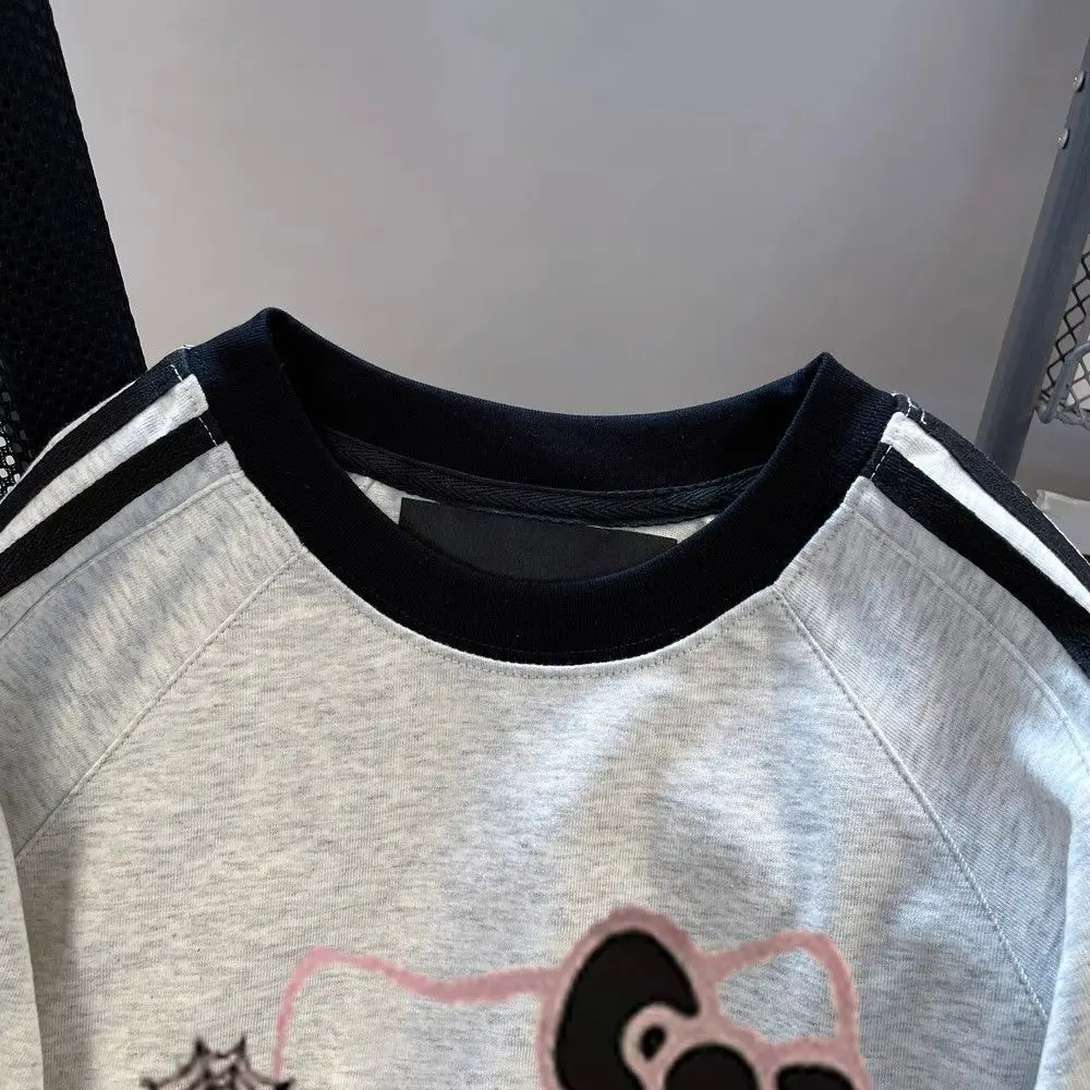 Hello Kitty Sanrio Grey T-shirt Kawaii Cartoon Print Cotton Tops O-neck Oversized Shirts Streetwear Splicing Top Women Clothing