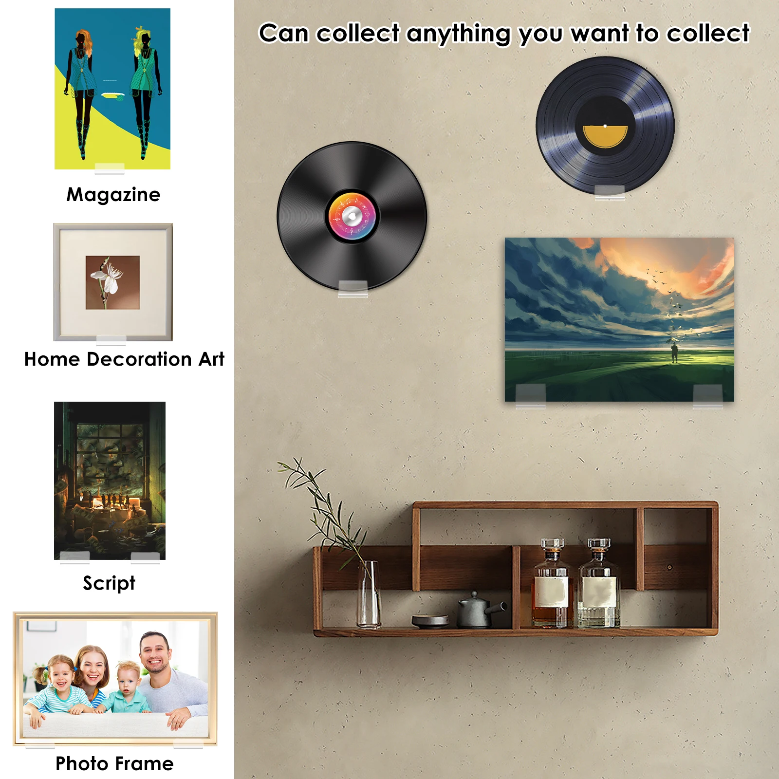 18Pcs Records Holder Acrylic Wall Mount Self Adhesive Album Disc Show Rack Clear Vinyl Display No Drill Storage Floating Shelf