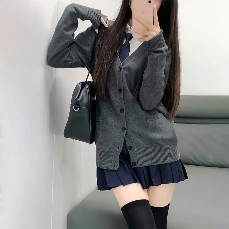 Hu Lina for Schools Original Jk Uniform Suit Outer Sweater Japanese College Style Knitted Gray Cardigan Jacket