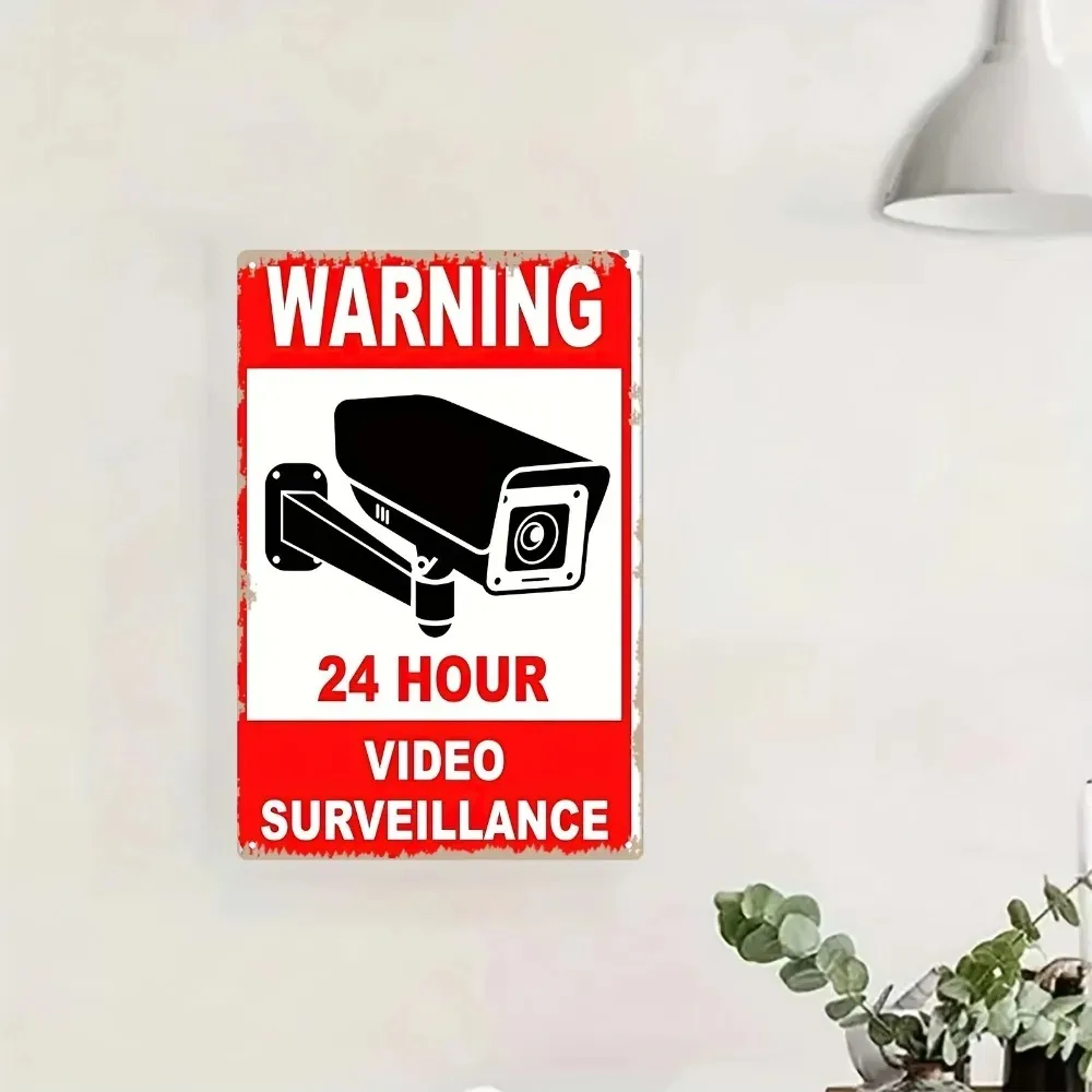 Vintage Metal Wall Art, Security Camera Sign, Black White Red Warning Decor for Home Office Commercial